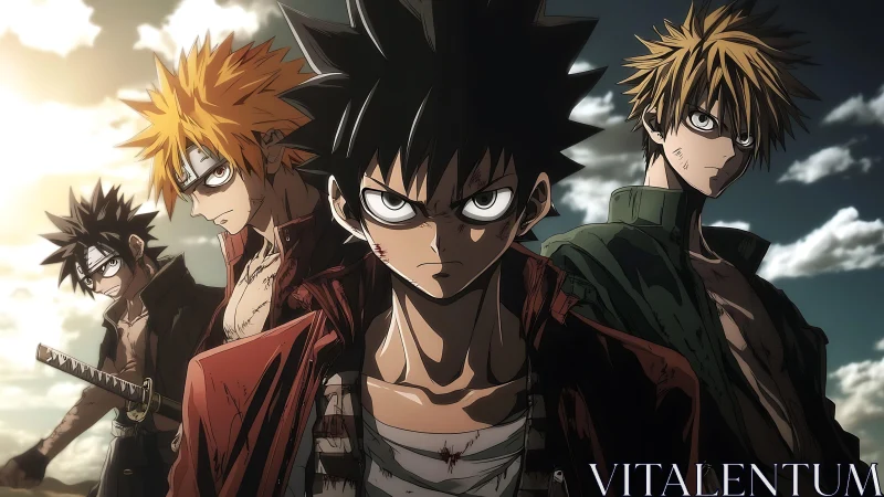 Storm‑eyed rebel quartet under a bruised twilight sky.