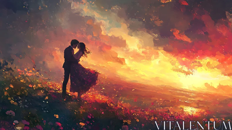 Silhouetted figures against luminous sunset landscape with flowering field