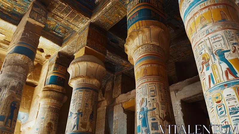 Sunlit hieroglyph forests of painted Egyptian stone columns.
