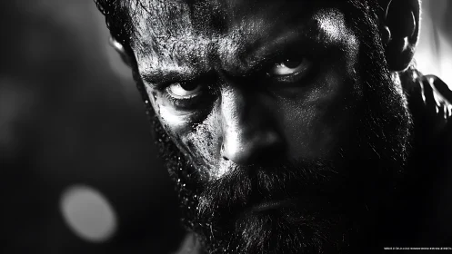 Intense bearded warrior locked in a fierce, focused stare.