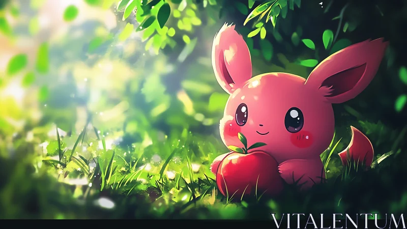 Cute pink creature holding red apple in sunlit forest.