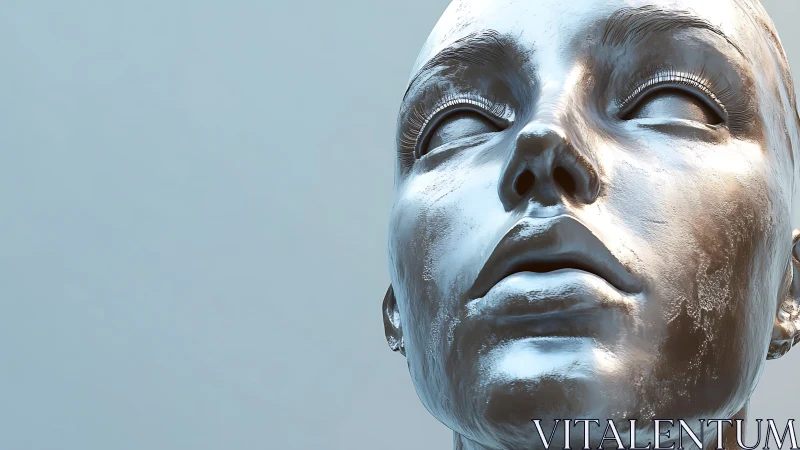Metallic humanoid bust with reflective upward gaze.