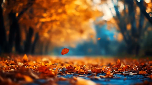 Fallen autumn leaves along a blurred tree lined pathway.