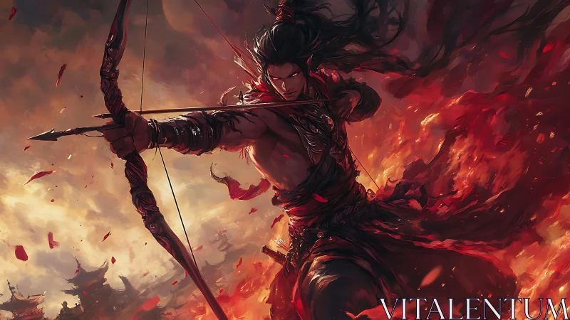 Fiery archer unleashes a decisive shot amid raging battle