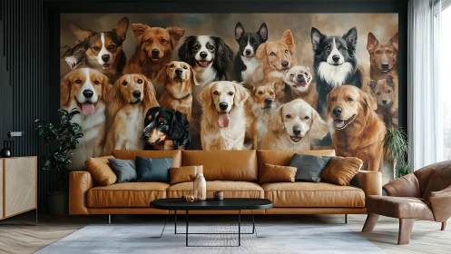 Large dog breed mural behind contemporary leather sofa.