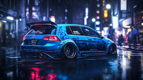 Modified blue Volkswagen hatchback on wet city street.
