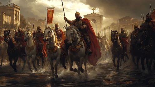 Imperial cavalry formation entering late antique city street.