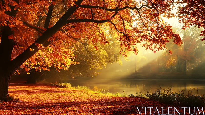 Golden autumn forest glows beside tranquil reflective lake.