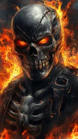 Flaming metal skull warrior emerges through inferno blaze.