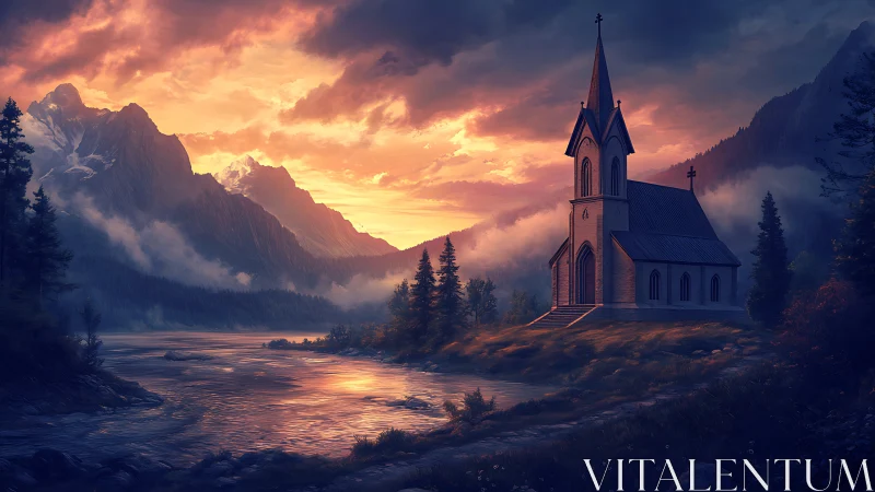 Gothic riverside chapel illuminated by dramatic alpine sunset