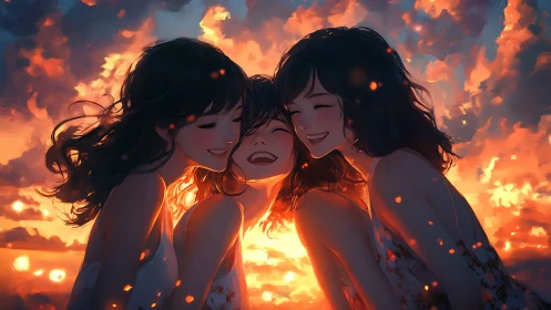 Backlit trio of girls rendered in warm volumetric sunset lighting