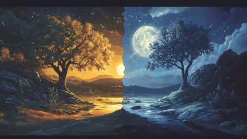 Dual landscape with mirrored trees at day and night.