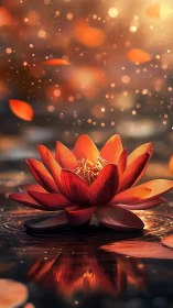 Luminous red lotus blooms over reflective rippled water.