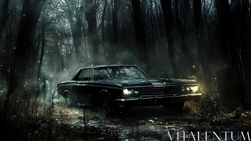 Vintage muscle car in moody fog-drenched woodland scene.
