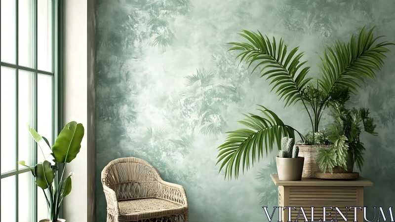 Sunlit corner welcomes lush indoor plants and wicker chair