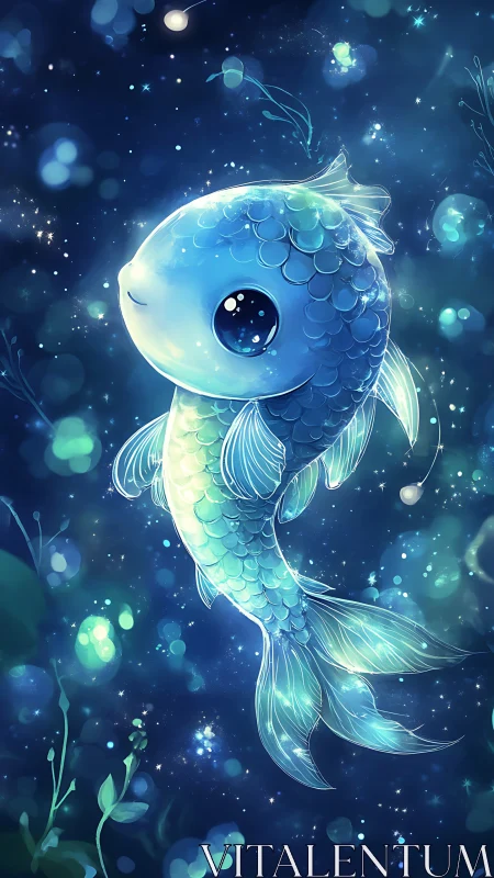 Glowing chibi koi fish drifting through luminous night water.