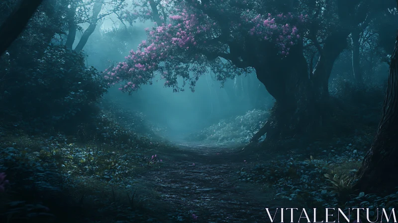 Luminous Pathway Through the Mystical Forest Grove.