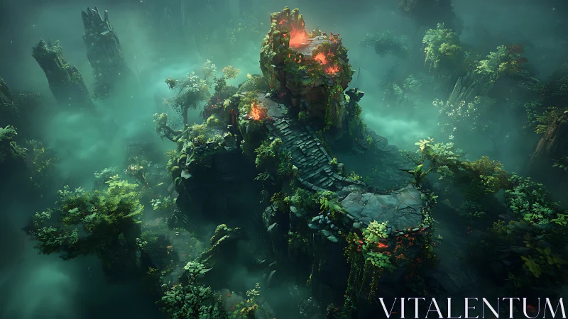Overgrown Ruined Tower With Glowing Fire Vents in Misty Jungle
