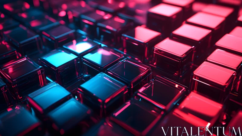 Futuristic glass cubes in neon blue and pink abstract digital art.