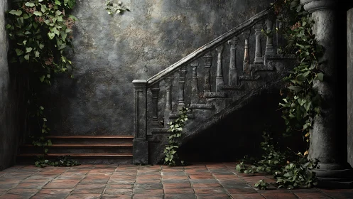 Weathered stone stair with ivy in quiet courtyard.