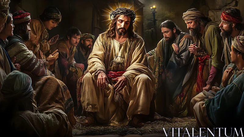 Jesus in solemn counsel surrounded by devoted followers.