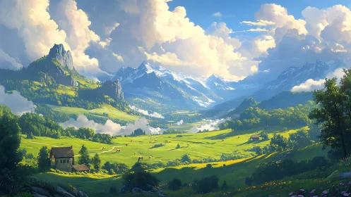 Mountain valley landscape with meadows under clouded sky.