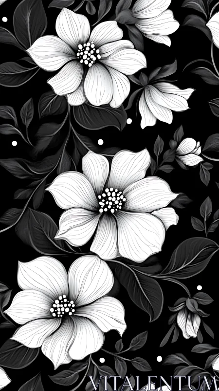 Black and White Floral Pattern with Layered Petals.