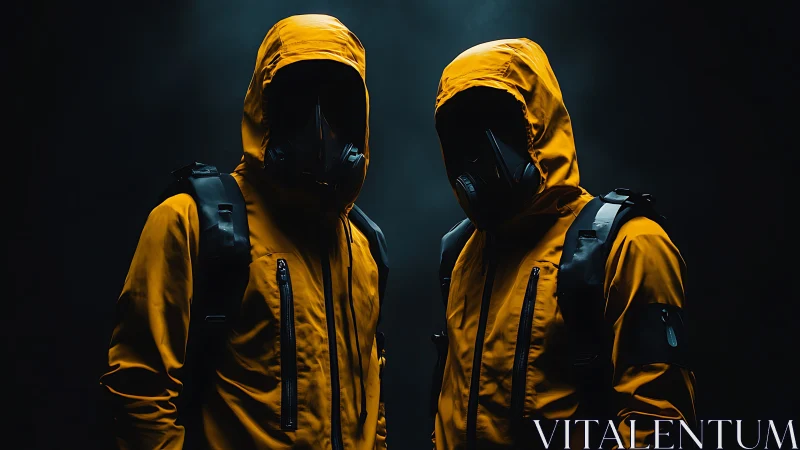 Two hooded figures in respirators stand in low key lighting