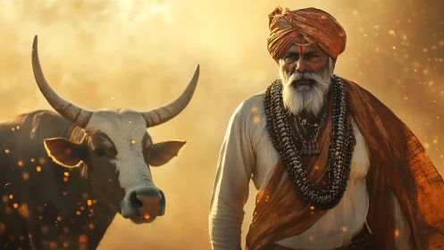 Elderly man with cow in warm dust and ember light.