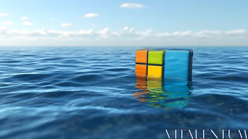 Floating Glass Cube with Colorful Panels on Tranquil Ocean Surface.