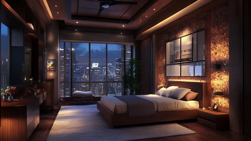 Luxury penthouse bedroom overlooks illuminated city skyline