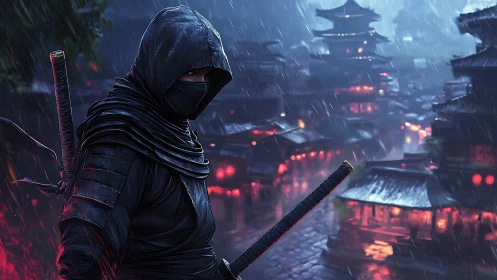 Hooded ninja with katana in neon lit rainy night city.