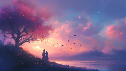 Silhouetted couple under vivid tree at dusk shoreline.