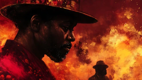 Side-lit portrait in red-orange inferno with distant silhouetted figure