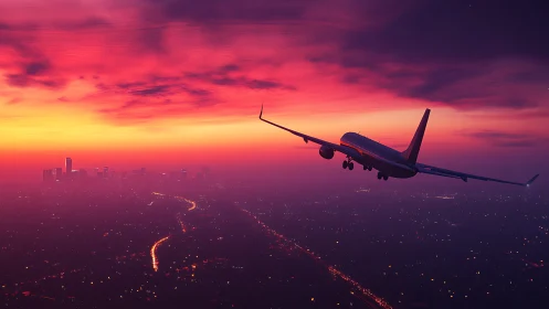 Glowing sunset sky welcomes a jetliner over the city lights