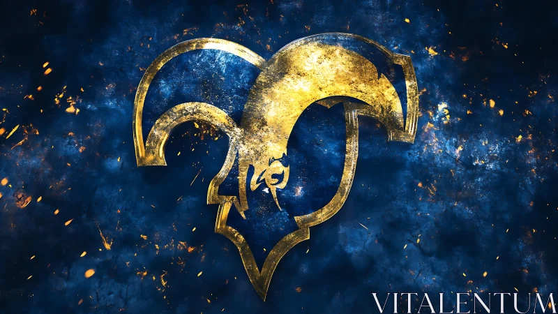 Gold ram head emblem on textured blue abstract field.