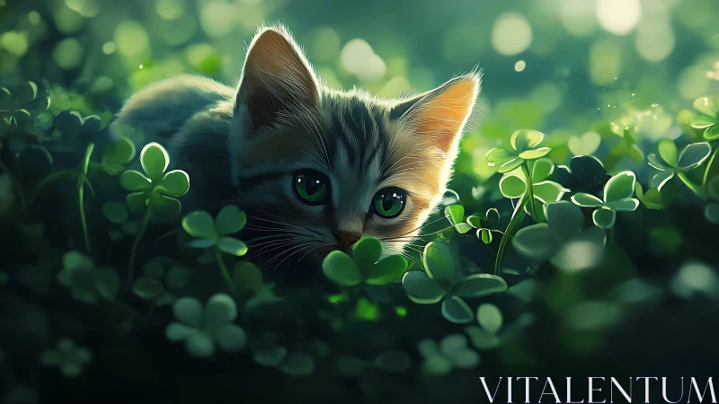 Feline subject positioned among clover vegetation in soft-focused setting