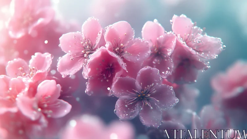 Pink flowers covered in frost and ice crystals with bokeh background.
