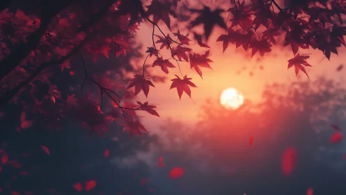 Red maple foliage silhouetted against diffuse sunset sky.