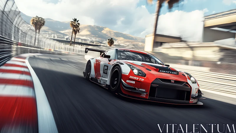 Red GT race car slings through sunlit coastal circuit corner.