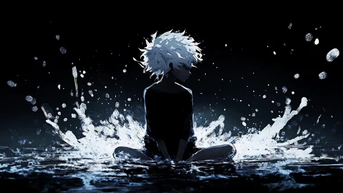 White-haired silhouette shatters midnight pool with impact.