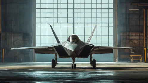 Photorealistic stealth jet centered in industrial hangar light.