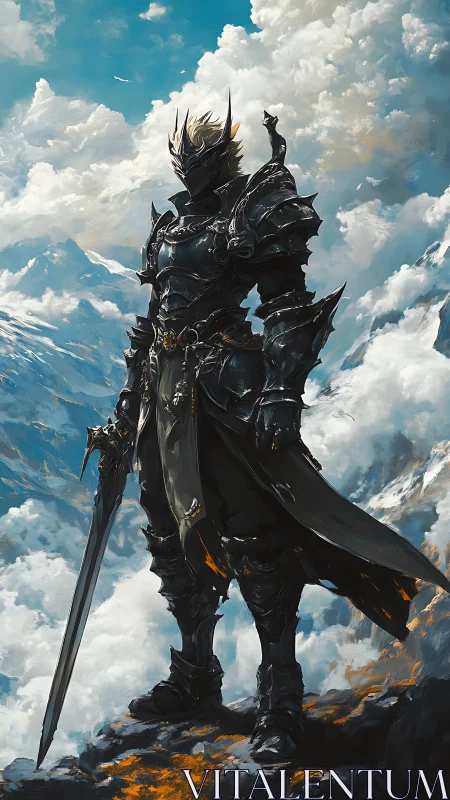 Dark armored knight overlooking vast sunlit cloudscape.