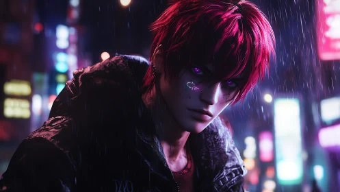 Red haired figure with glowing eyes stands in rainy neon city