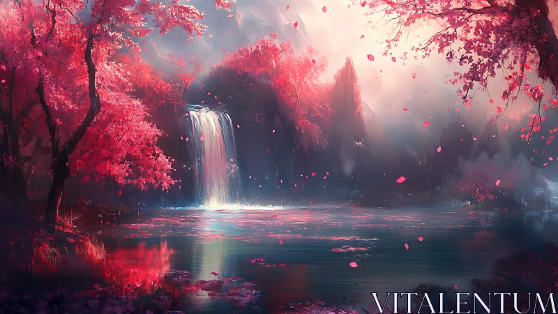 Blossomfall cascade in a dreamlit crimson forest lagoon.
