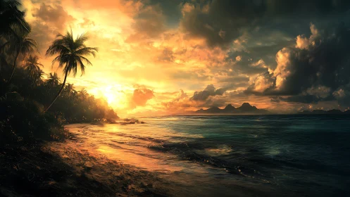 Sunset tides melt gold across a palm-shadowed tropical shore