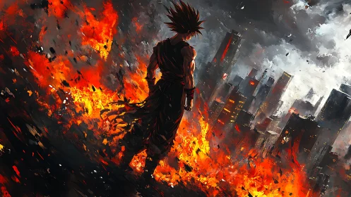 Anime warrior surveys burning futuristic ruined cityscape.