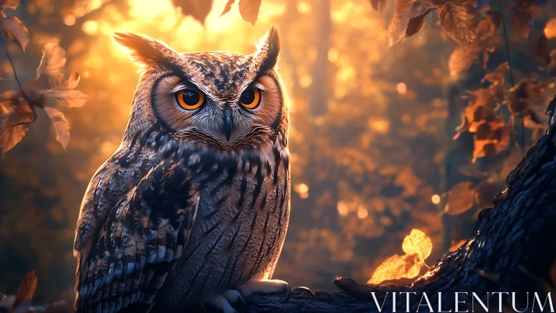 Majestic owl perched in autumn forest bathed in golden sunlight.