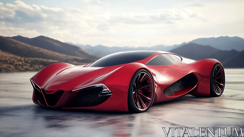 Futuristic red supercar glides across a vast open landscape.