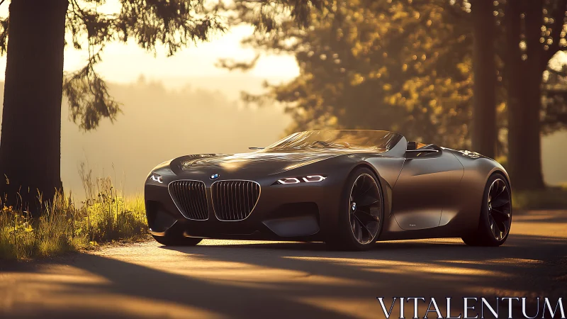 Low-slung roadster concept under volumetric sunset lighting.